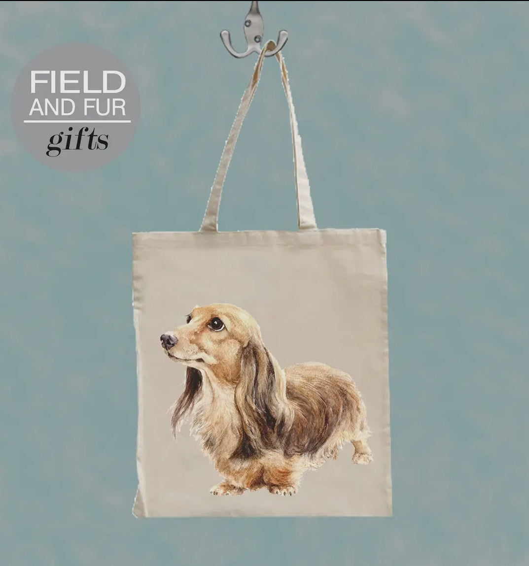 Long haired Dachshund tote bag.
