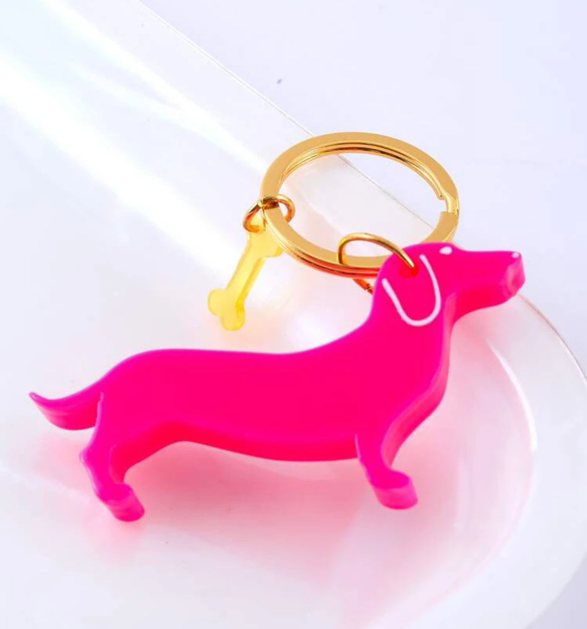 Neon pink Dachshund keyring