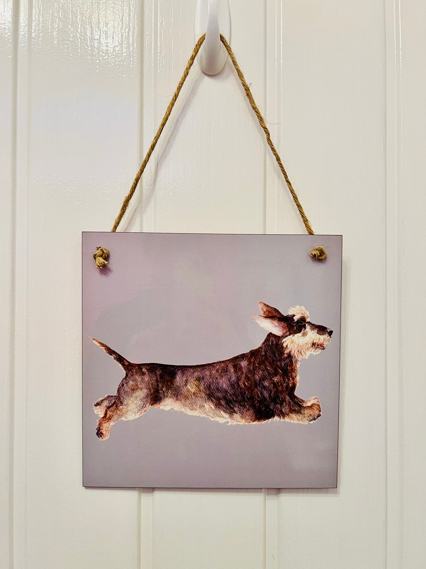 Wooden jumping wirehaired Dachshund hanging sign
