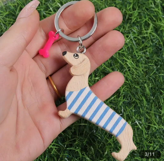 Dachshund wooden blue stripe key ring