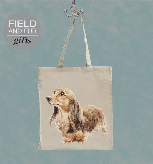 Long haired Dachshund tote bag.